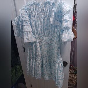 JjsFairyland Pastel Blue Eyelet Lace Tiered Mini Dress, Smocked Waist, Ruffles L